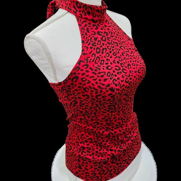 Bebe Red Leopard Halter Top S – Tie-Back Stretchy Sleeveless Y2K Glam Vintage - Picture 3 of 8